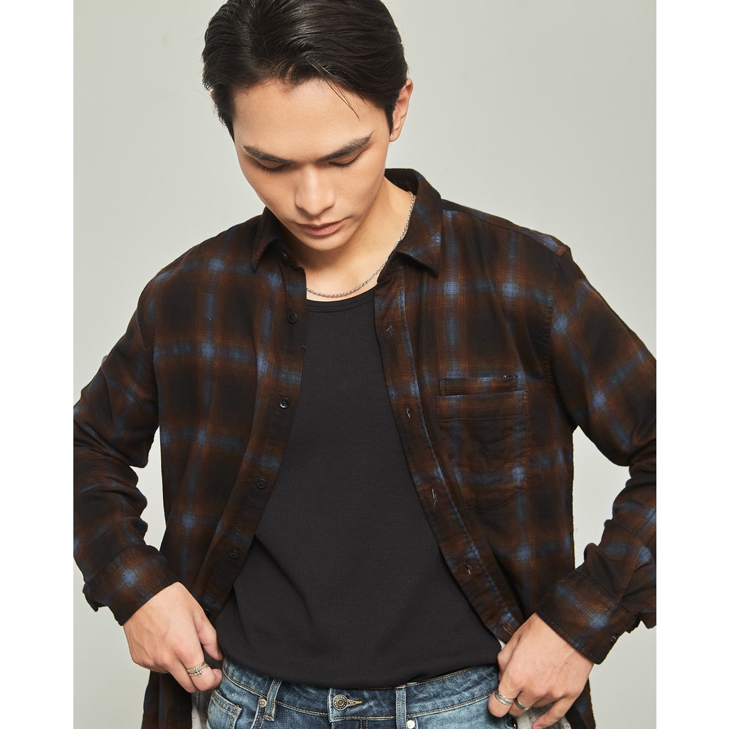 Áo sơ mi flannel nam cotton Highway (Menswear) Johan Kẻ nâu xanh