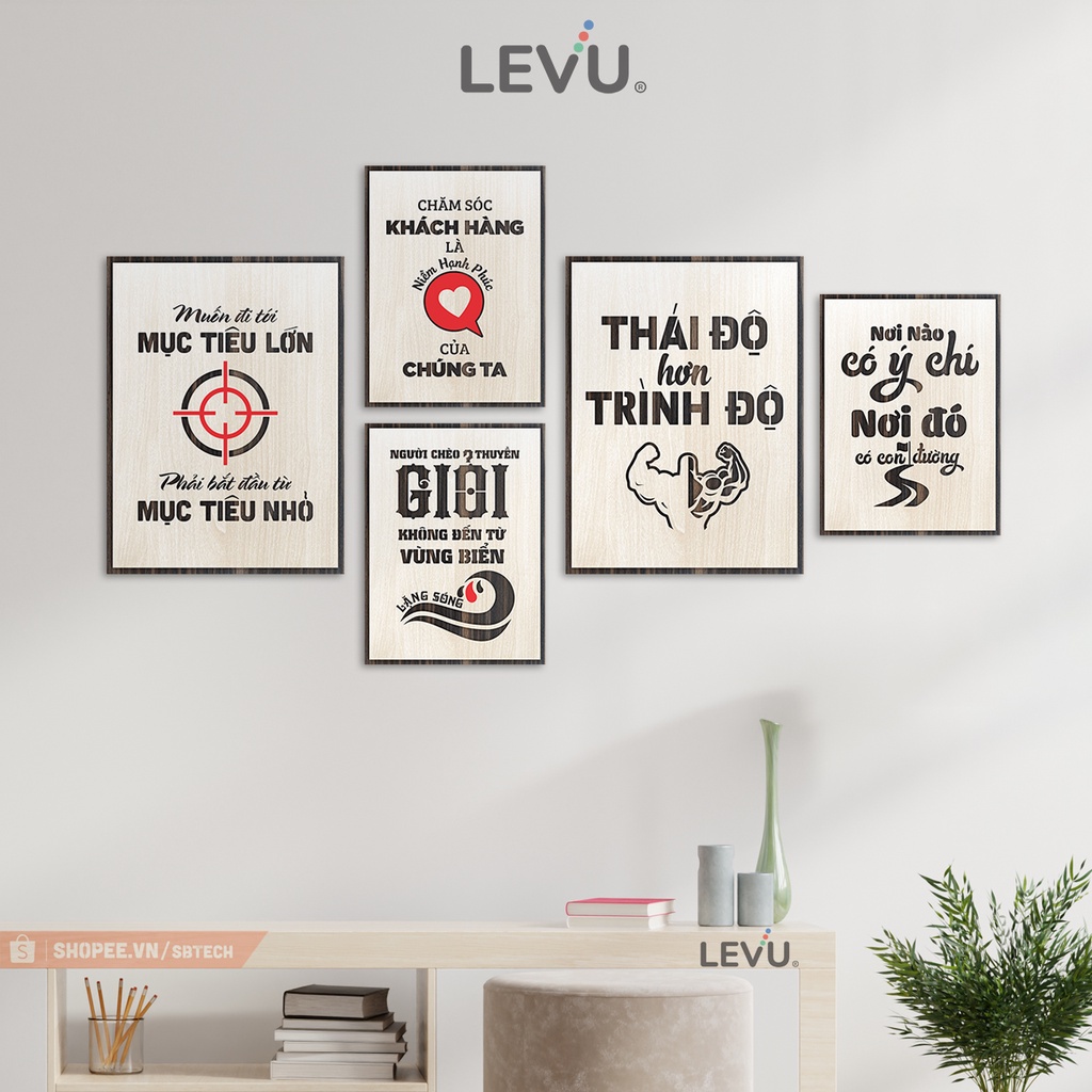 Bộ tranh tạo động lực 5 tấm treo tường bằng gỗ bố cục đẹp đơn giản SB5