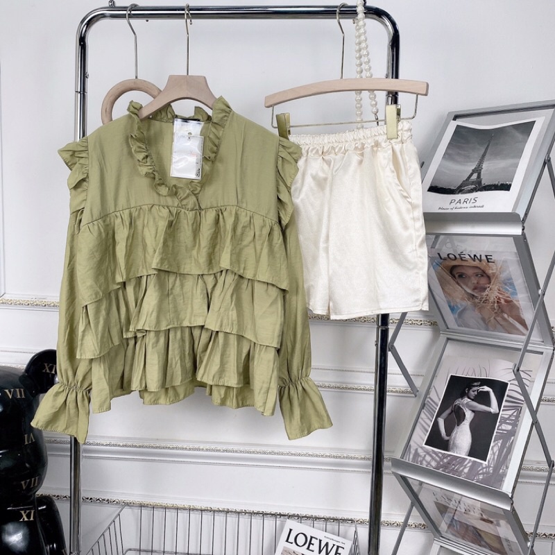 Set áo babydoll tơ đũi bèo tầng mix quần lụa đi chơi đi tiệc đi du lịch