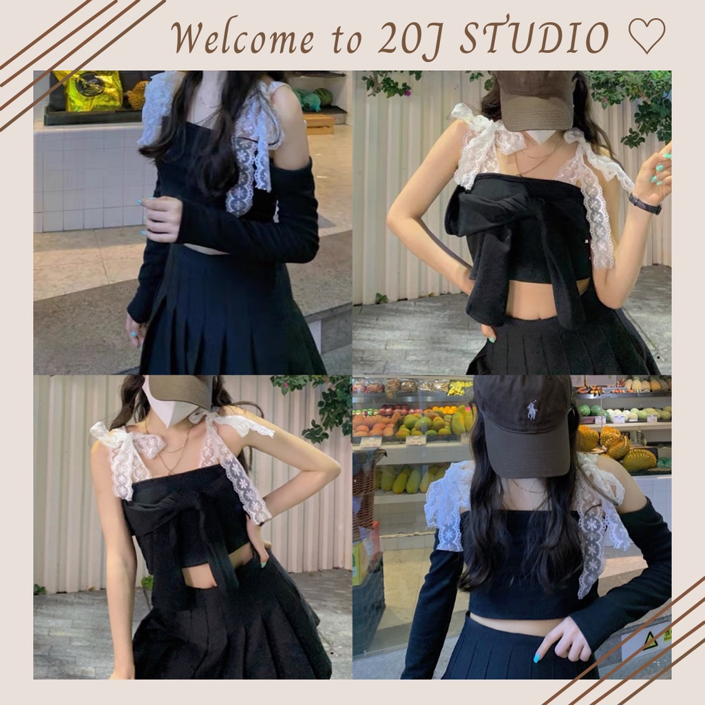 Áo hai dây phối ren xinh xắn phong cách hàn quốc - Áo trễ vai dây nơ ren dáng croptop chất liệu len tăm - A05