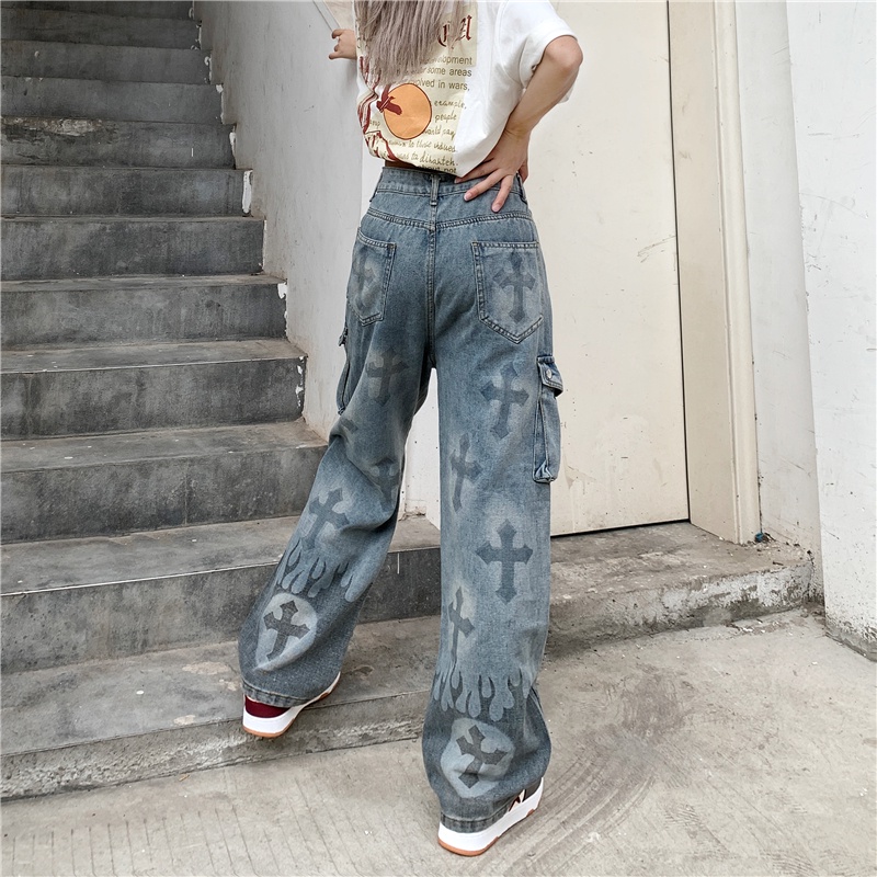 Quần jean ulzzang ống rộng nữ unisex phối túi in chữ thập, quần jean nữ ống rộng trùm chân chất bò co giãn hiphop 0419