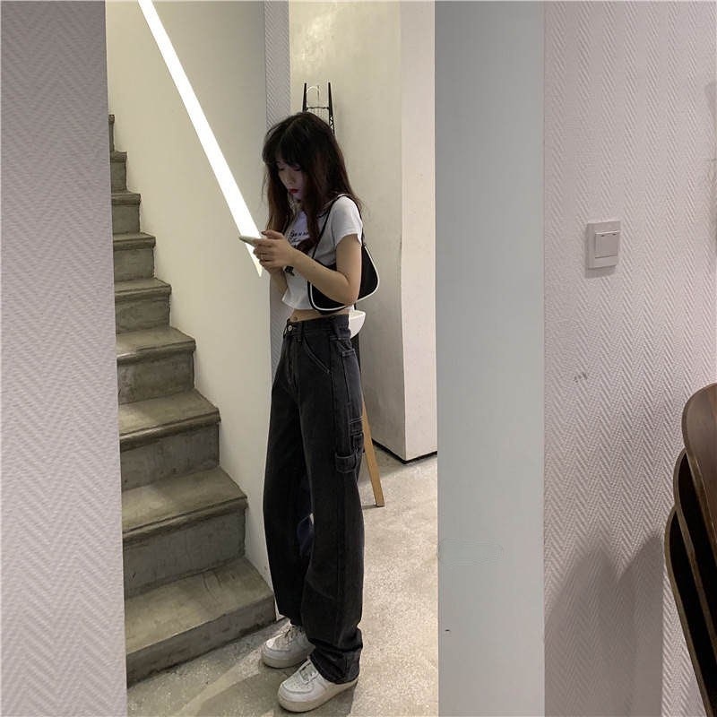 Quần Jean Nữ FU SHI JEANS Dáng Suông Ống Rộng Phối Dây Ulzzang