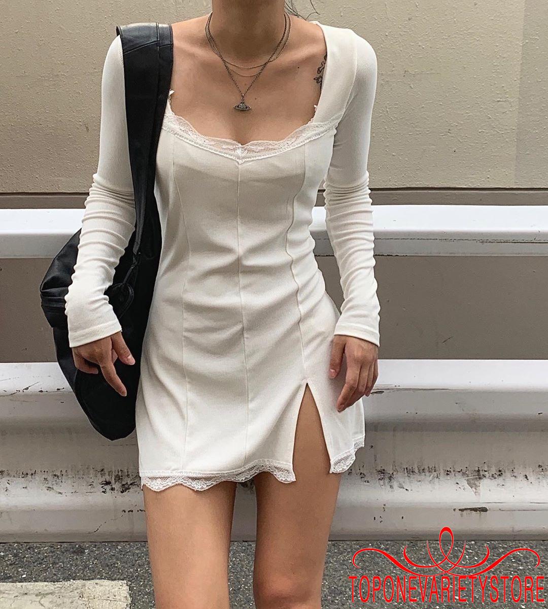 Đầm Nữ Dài Tay Cổ Vuông Phối Ren Thời Trang Quyến Rũ