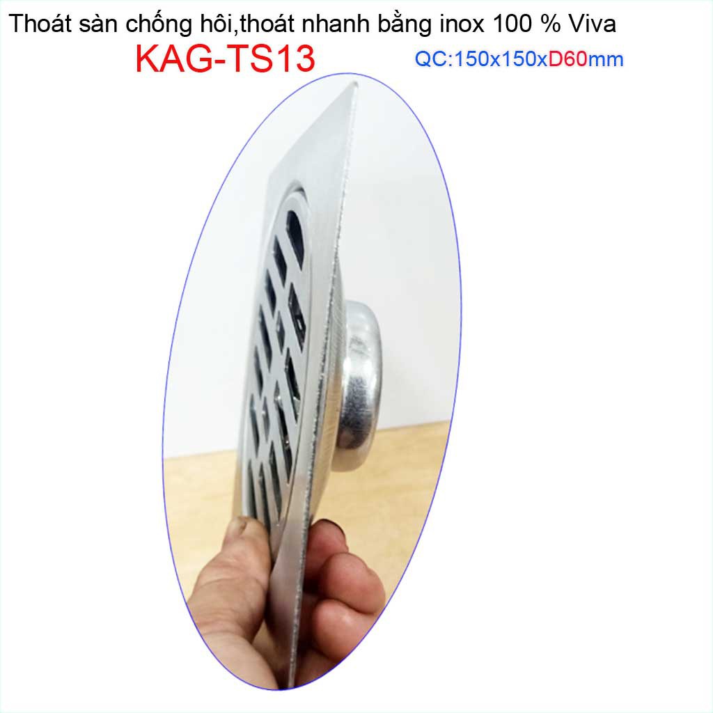 Hố ga thoát sàn Viva ống D60-6cm Inox mờ, phễu thoát nước chống hôi D60 vuông 15x15cm KAG-TS13