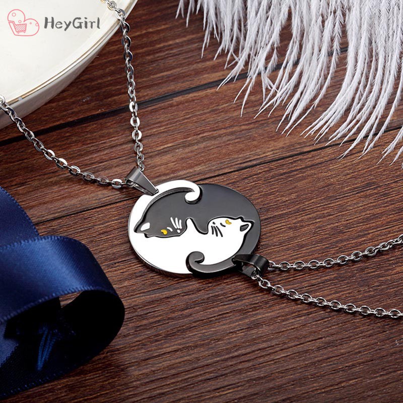 Set 2 vòng cổ hình con mèo bằng thép không gỉ dành cho cặp đôi