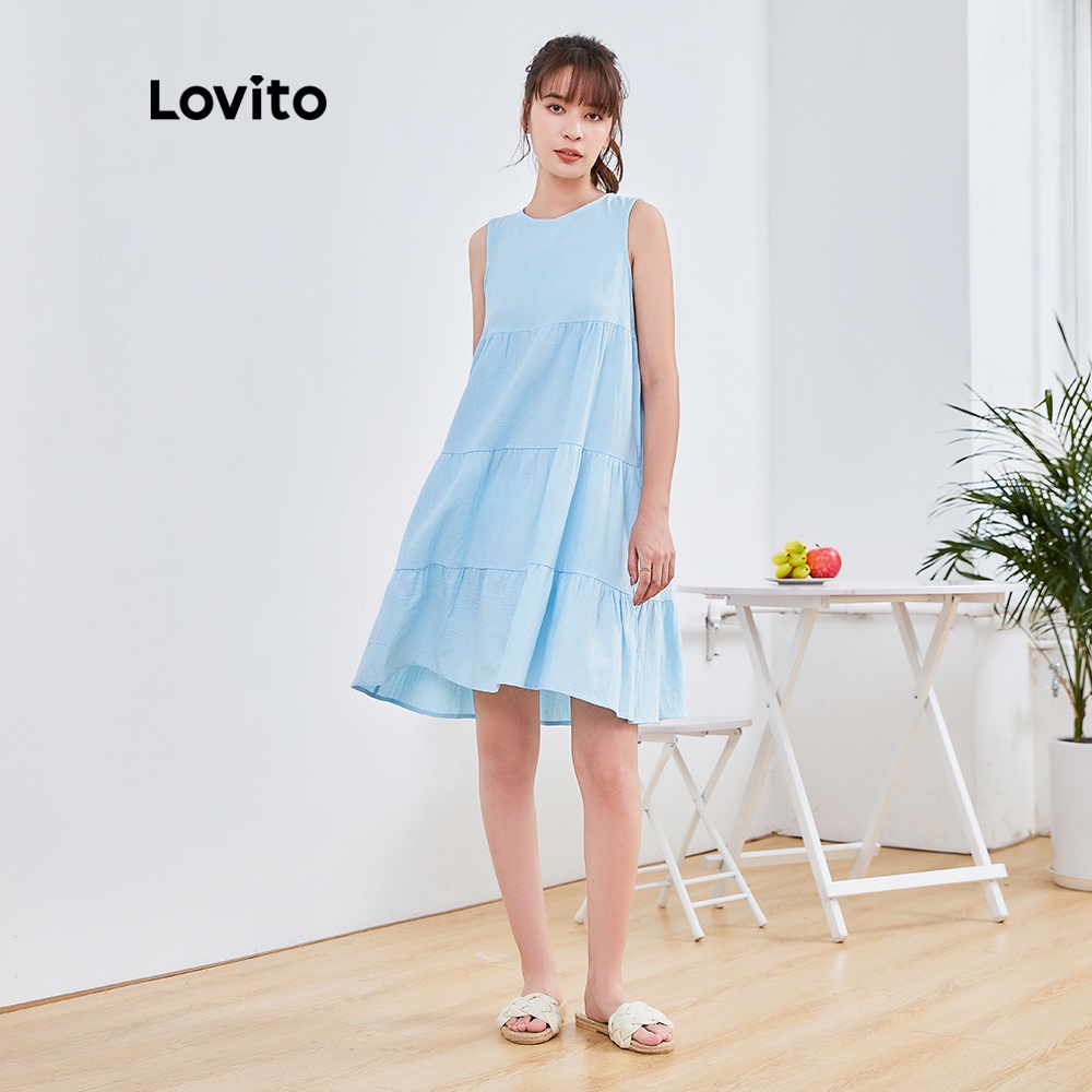 Đầm mini Lovito dáng chữ A không tay viền bèo xếp nếp cổ tròn màu trơn DRYOFSP1142 (màu xanh dương)