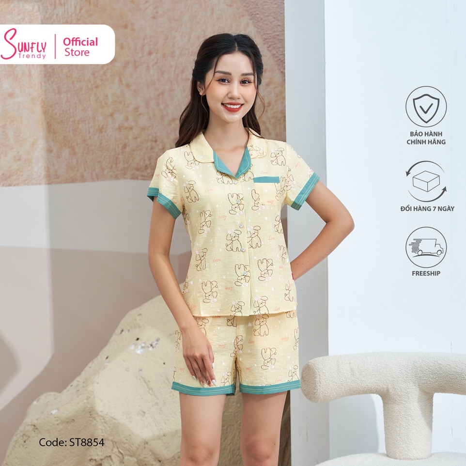 Bộ đồ mặc nhà nữ pijamas linen SUNFLY áo cộc, quần sooc ST8854