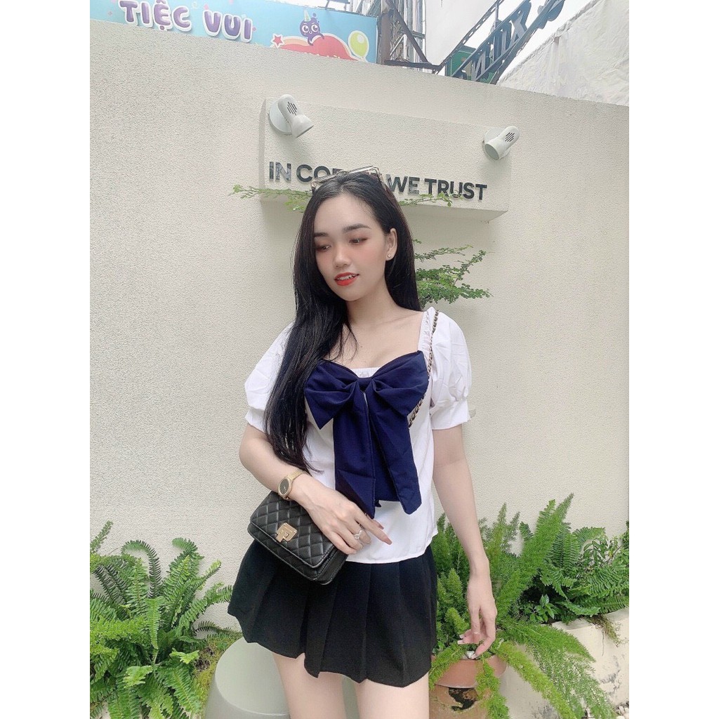 áo kiểu phối nơ cổ vuông ngắn tay