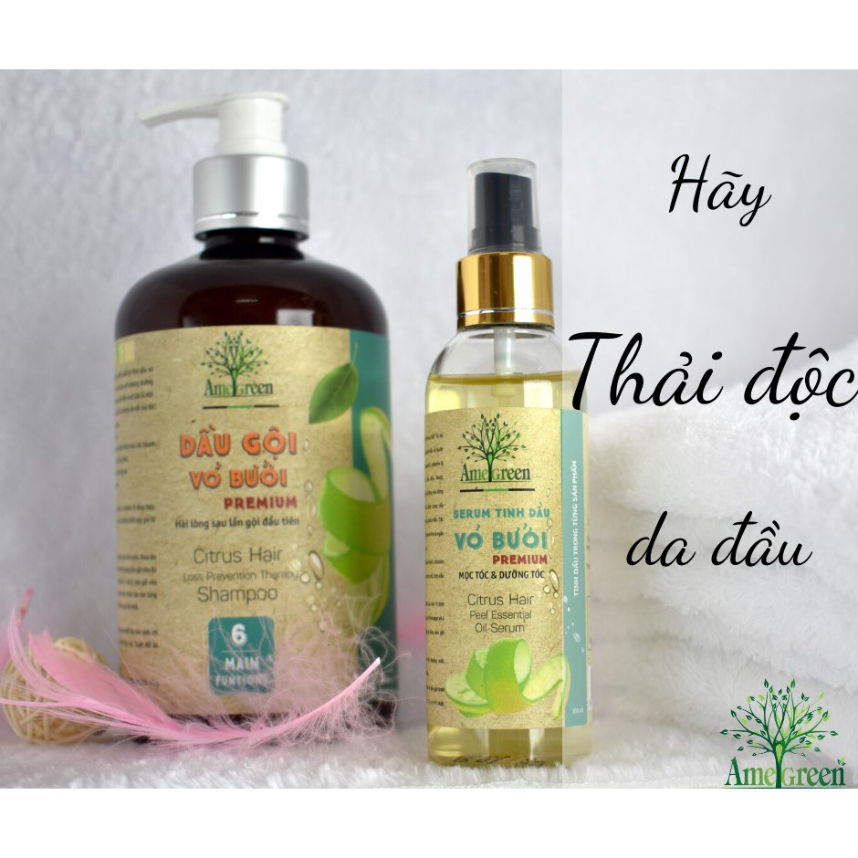 { KHUYẾN MÃI}[HÀNG CHÍNH HÃNG] Bộ Dầu Gội và Serum Tinh Dầu Vỏ Bưởi Amegreen ngăn ngừa rụng tóc và kích mọc tóc cao cấp