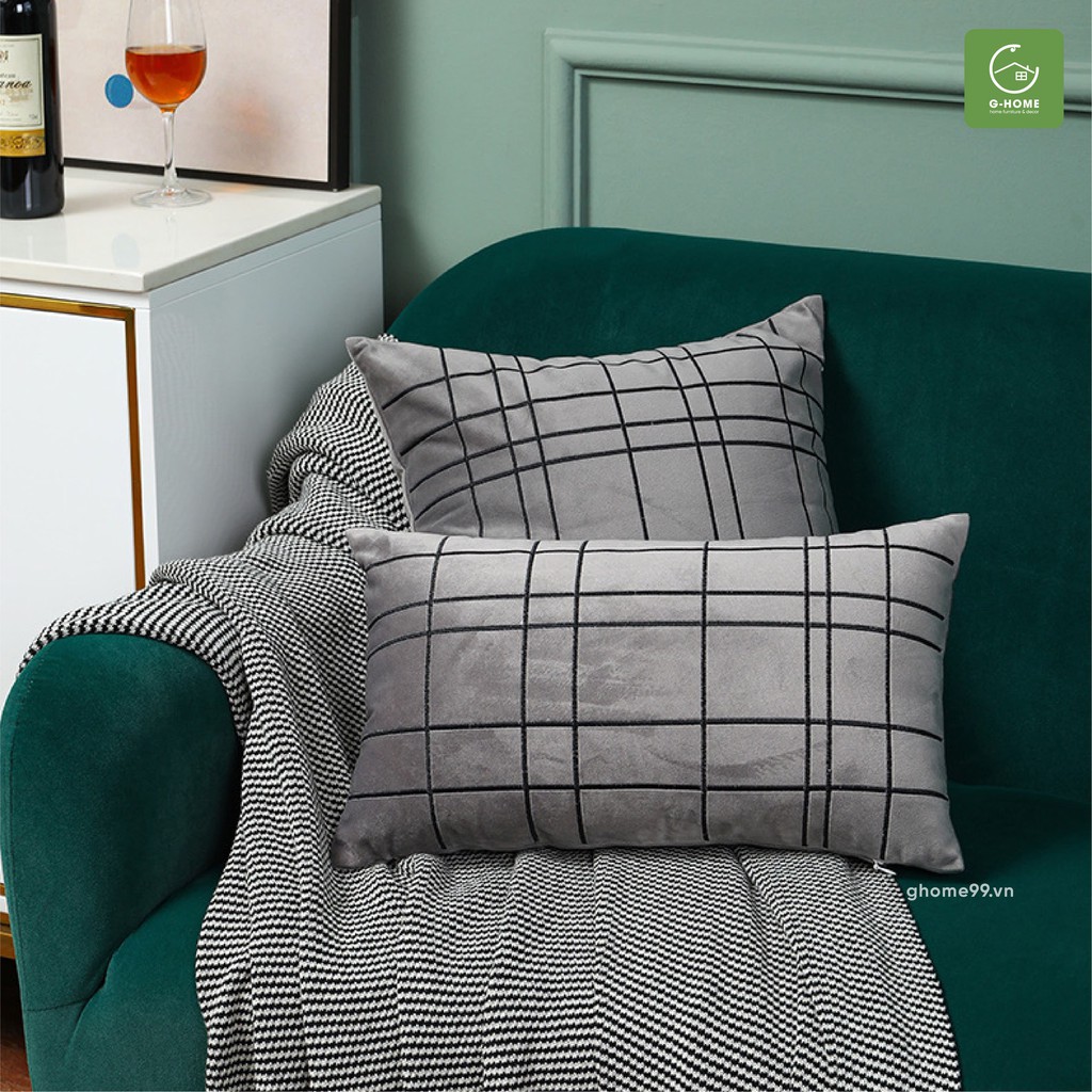 Vỏ gối vuông Ghome tựa sofa, gối ôm, gối tựa lưng chất nhung cao cấp họa tiết kẻ ô 45x45cm VG15