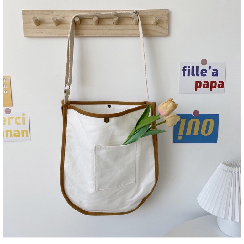 Túi tote đeo chéo viền nâu Vintage Hàn Quốc (có sẵn, hình thật)