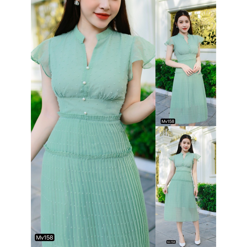 Váy xanh Mint tay hến cổ tàu đính cúc ngọc thiết kế MC Mv158 (ảnh thật shop chụp)
