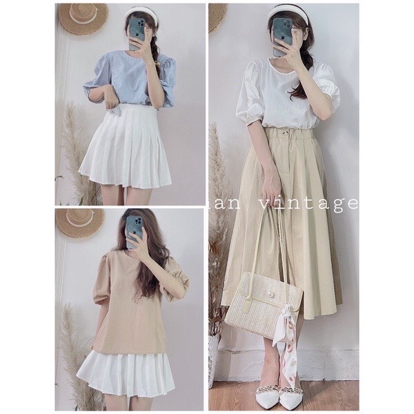 [Ảnh thật] Áo sơ mi bèo nữ cổ tròn cộc tay bồng tiểu thư - Áo babydoll trơn kiểu tay bồng