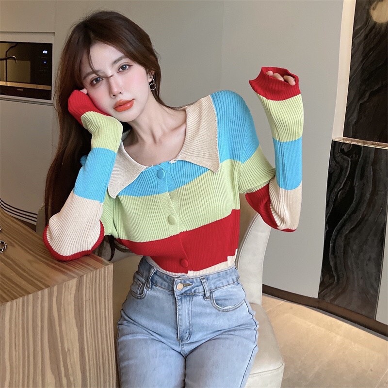 Áo Len Nữ Hàn Quốc VAYO Áo Len Tay Dài Nữ Cổ Bẻ Thời Trang Quảng Châu Dáng Ôm Kẻ Sọc Nhiều Màu Dưới 53kg