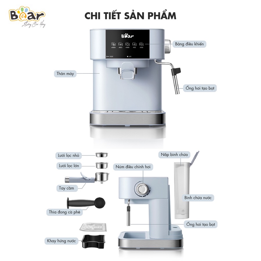 Máy pha cà phê Espresso Bear, máy pha cafe Espresso tự động áp suất 15Bar, kiểm soát nhiệt thông minh – Hàng hãng BH 18T