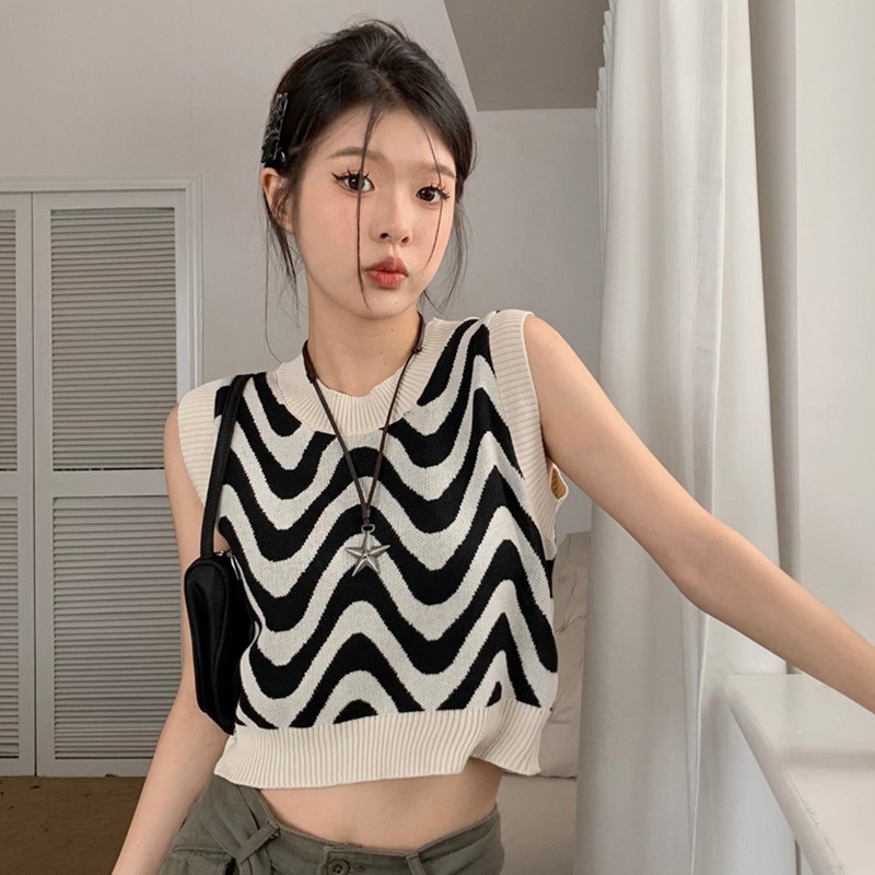 Áo Sweater Dệt Kim Sát Nách Mềm Mại Cổ Tròn Kẻ Sọc Gợn Sóng Kiểu Hàn Quốc Cho Bạn