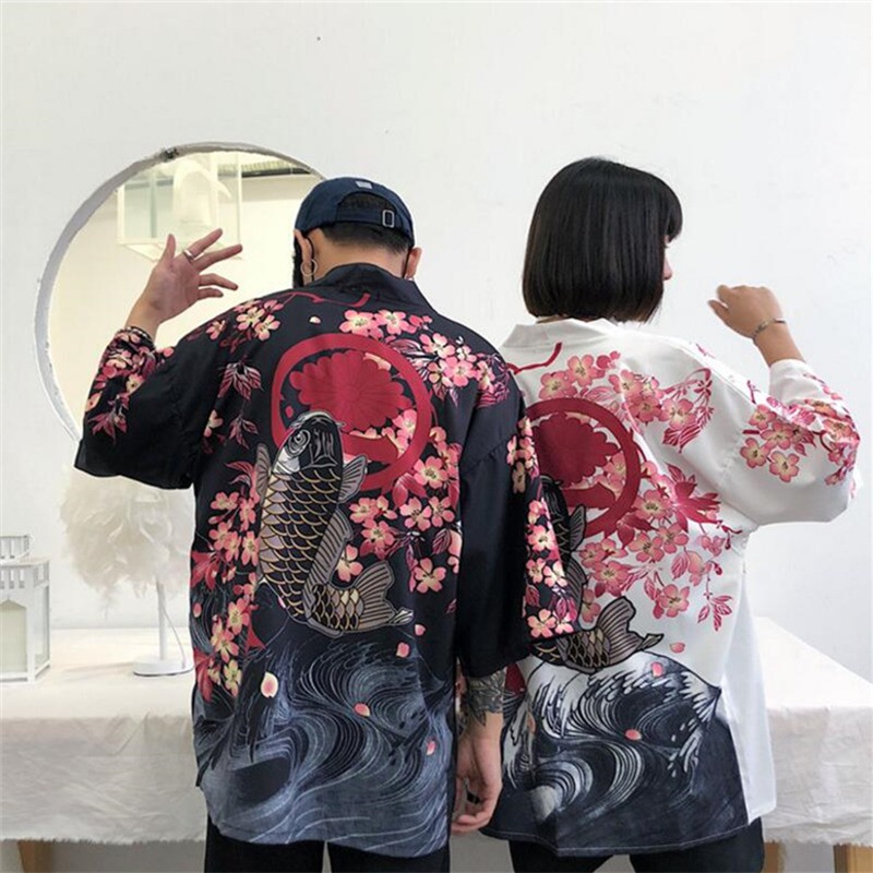 Sẵn - Áo kimono Haori đi biển họa tiết cá chép mẫu 02 kèm ảnh thật