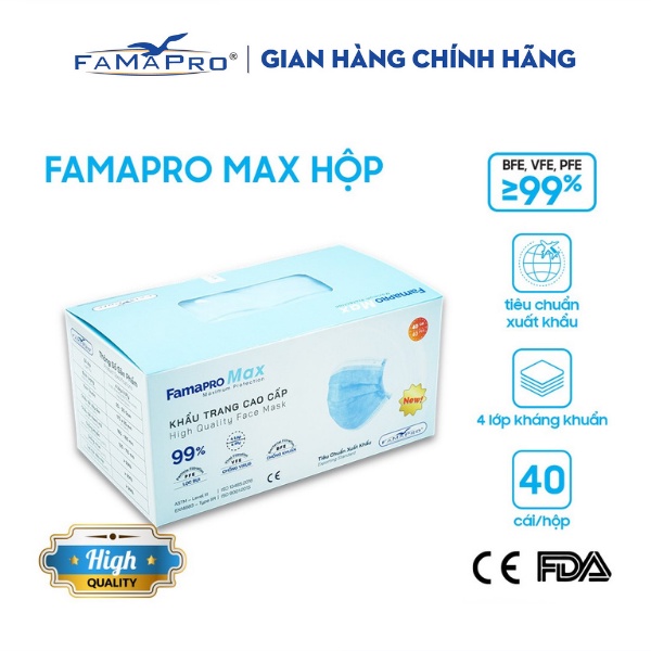 [HỘP-40 CÁI-MÀU XANH] Khẩu trang y tế cao cấp 4 lớp kháng khuẩn Famapro max