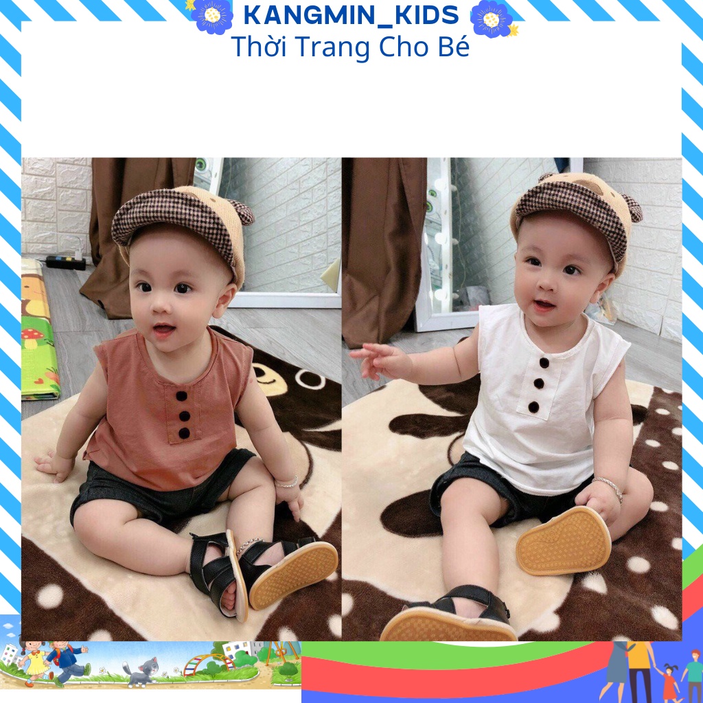 Bộ ba lỗ bé trai bé gái Kangminkids, bộ áo thun sát nách bé trai bé gái in mặt cười xinh TEO1, quần áo trẻ em từ 6-18kg