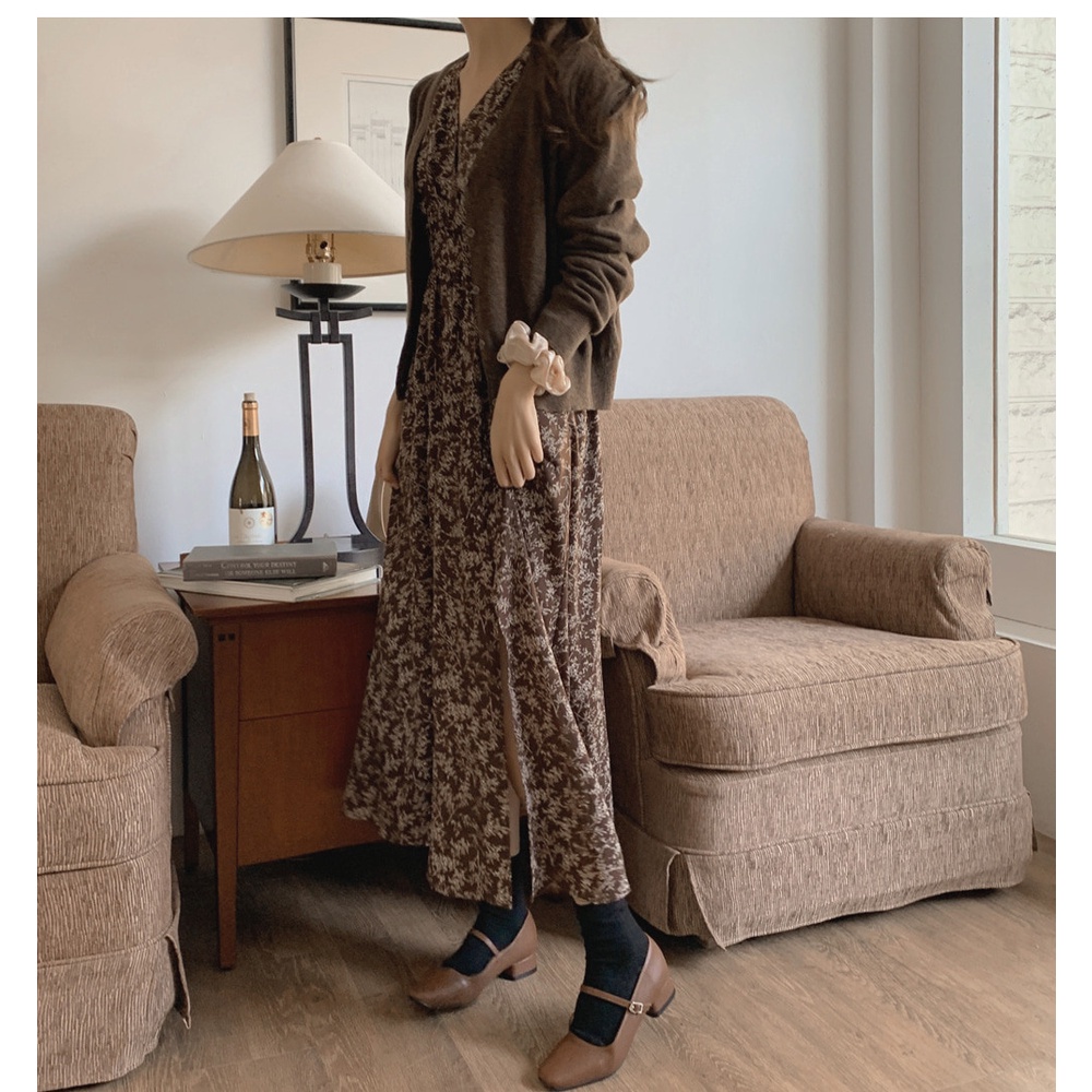 Đầm tay dài cổ chữ v họa tiết hoa phong cách retro 46676