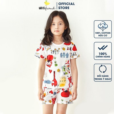 Bộ ngắn tay quần áo thun cotton giấy mặc nhà mùa hè cho bé gái Unifriend Hàn Quốc U3016