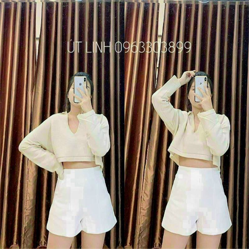 Áo thun croptop tay dài cổ bẻ V Lai(A15