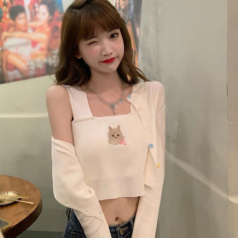 Áo dệt kim thêu hình mèo thời trang Hàn Quốc đáng yêu cho nữ