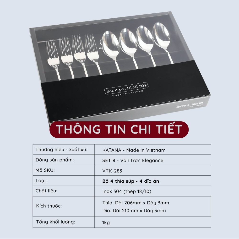 Set 8 món bàn ăn cao cấp inox 304 KATANA (4 thìa súp + 4 dĩa ăn) - chống bám vân tay Elegance - VTK283