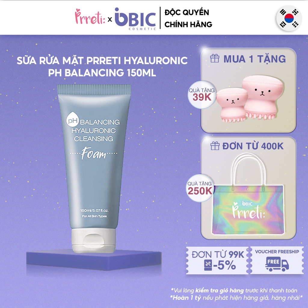 Sữa rửa mặt Prreti Hyaluronic Cleasing Foam cân bằng pH làm sạch da dịu nhẹ tự nhiên 150g