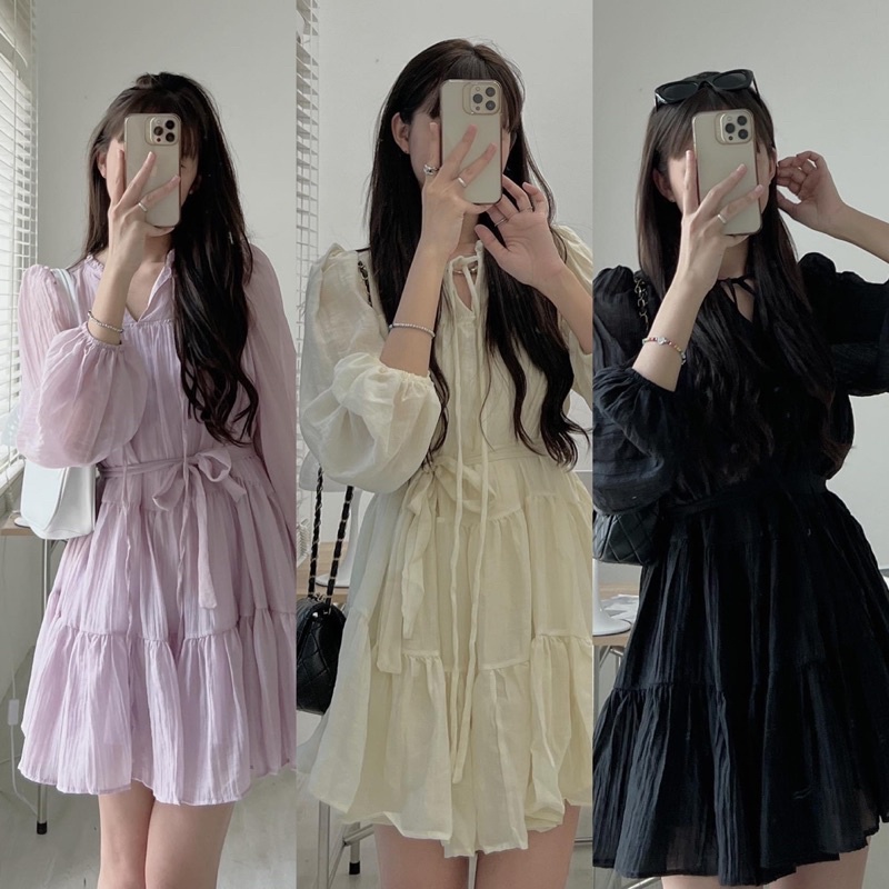 Đầm BBD nữ vải đũi cổ bèo tay dài kiểu cột eo 4 màu freesize Pumi