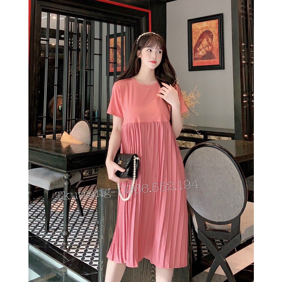 Váy bầu,Đầm bầu cho những ngày chớm thu - Dáng suông phối thân dập li trẻ trung , năng động ( size 45-80kg) Ms 6740