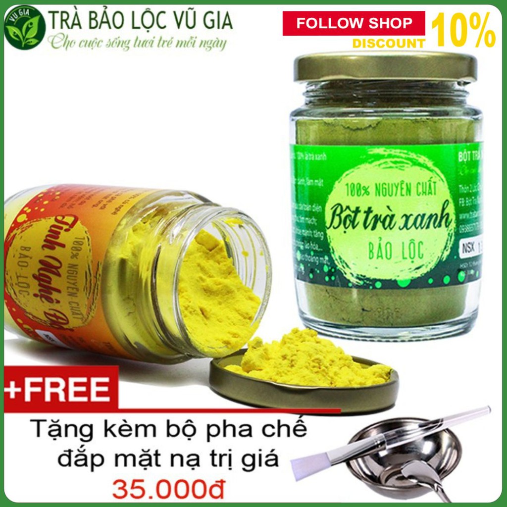 Bột Trà Xanh Nguyên Chất 100g  + Tinh Nghệ Đỏ Nguyên Chất 100g - VG Farm + Tặng Bộ Đắp Mặt - Có giấy kiểm nghiệm y tế