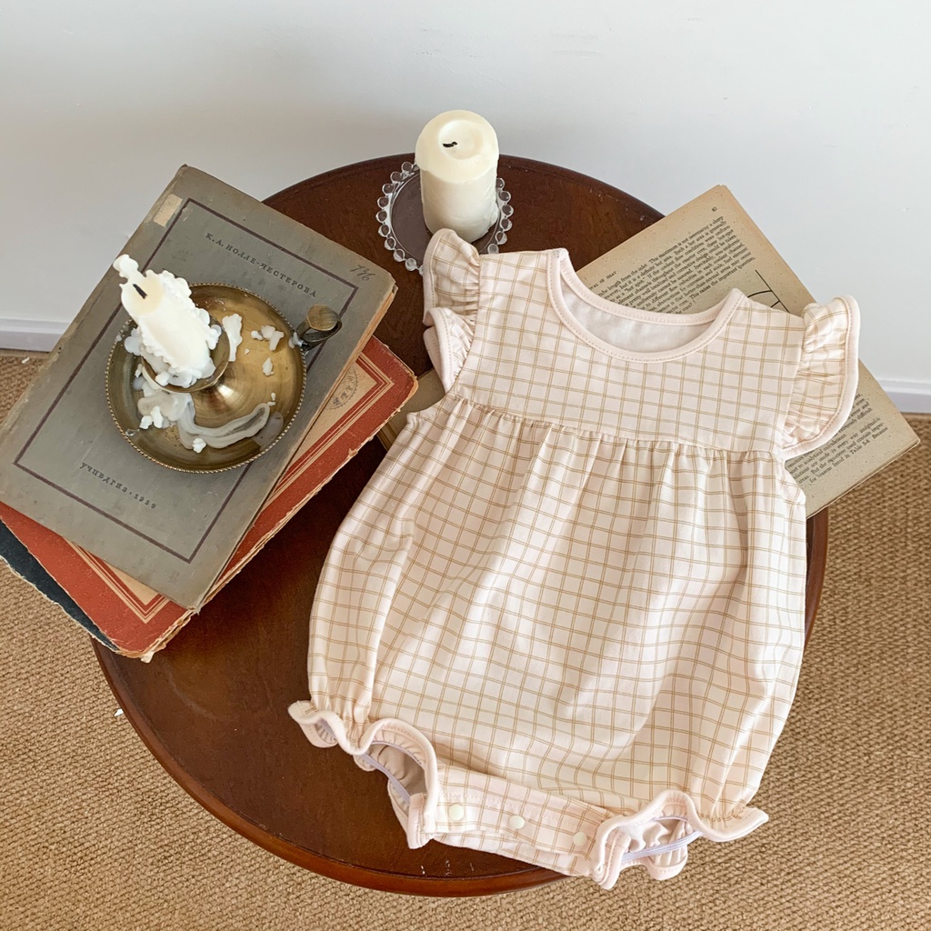 Bộ Áo Liền Quần Bằng Cotton Mềm Mại Họa Tiết Sọc Caro Cho Bé Gái Sơ Sinh