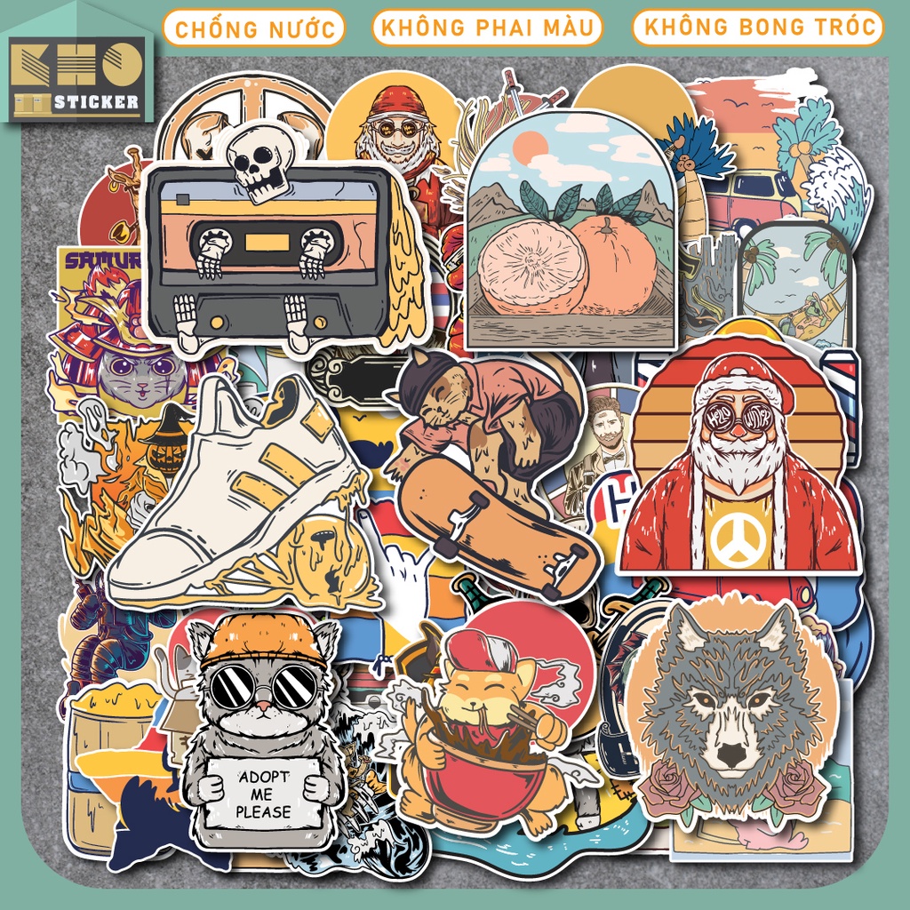 Combo 50 Sticker Vintage Retro chống nước sticker dán laptop, điện thoại, đàn guitar, mũ bảo hiểm, vali. MSP: ST42
