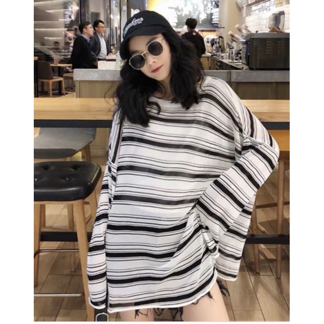 Áo Thu Kẻ Ngang Dài Tay Form Rộng Ulzzang