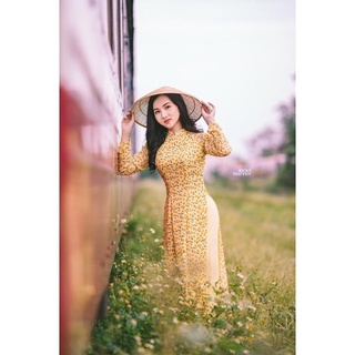 Áo dài hoa nhí vàng xanh lụa Hàn Châu MINH ANH Fashion