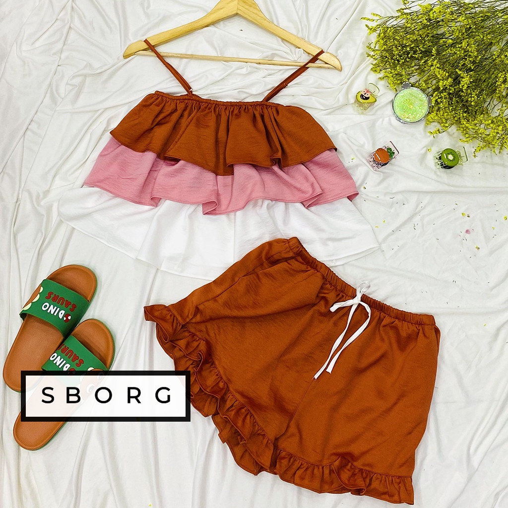 Đồ bộ mặc nhà SBORG đồ ngủ 2 dây áo 3 tầng tuyết nhung sexy quần đùi viền bèo cute free size dưới 60kg quà tặng vợ | BigBuy360 - bigbuy360.vn