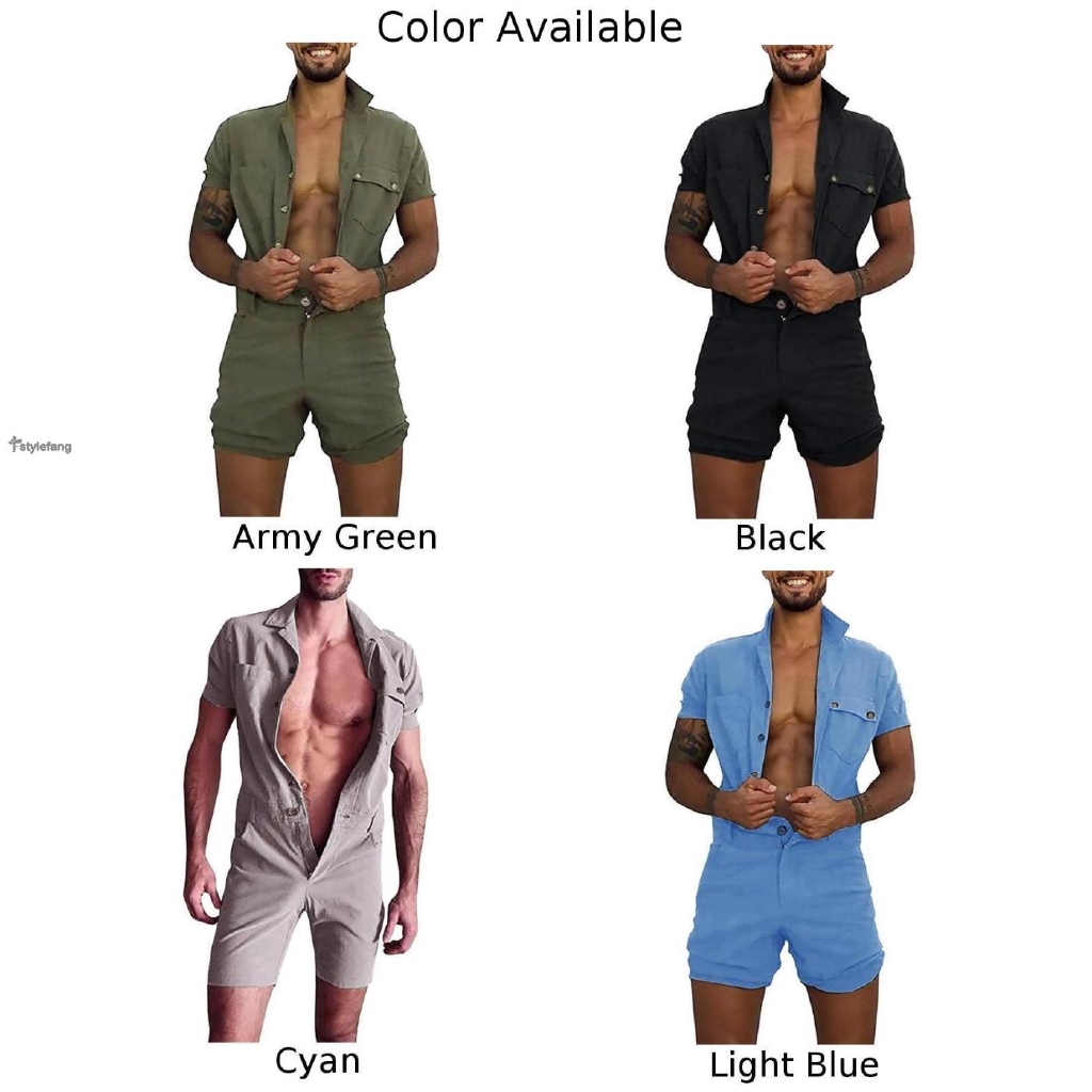 Mens One Piece Combat Shorts Workout Playsuit Lapel Buttons Pocket Cargo Summer Mens Casual Short Sleeve Rompers