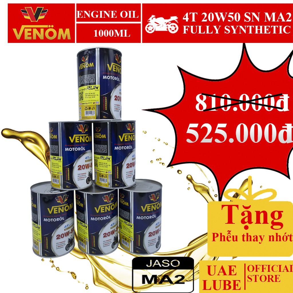 Combo 6 Lon Nhớt Tổng Hợp VENOM 4T MOTOCYCLE 20W50 SN 1000ml - VENOM 4T MOTOCYCLE FULLY SYNTHETIC - Made in UAE