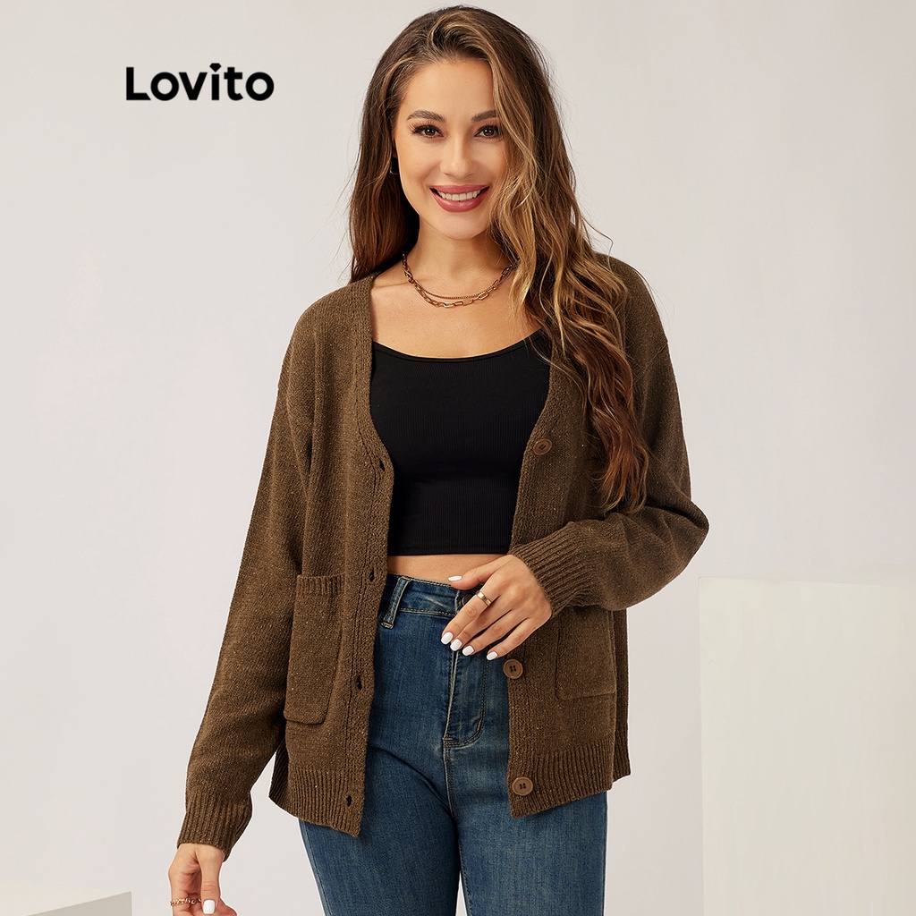 Lovito Áo len bỏ túi có nút trơn thường L21LT092 (Cà phê)