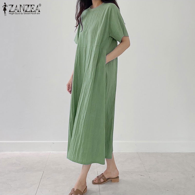 Đầm ZANZEA dài tay ngắn cổ tròn màu trơn thời trang đường phố cho nữ