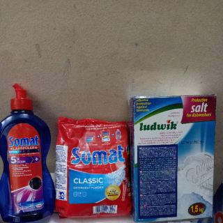 Combo bột rửa bát Somat+ muối rửa bát Ludwik 1,5kg + nước làm bóng Somat
