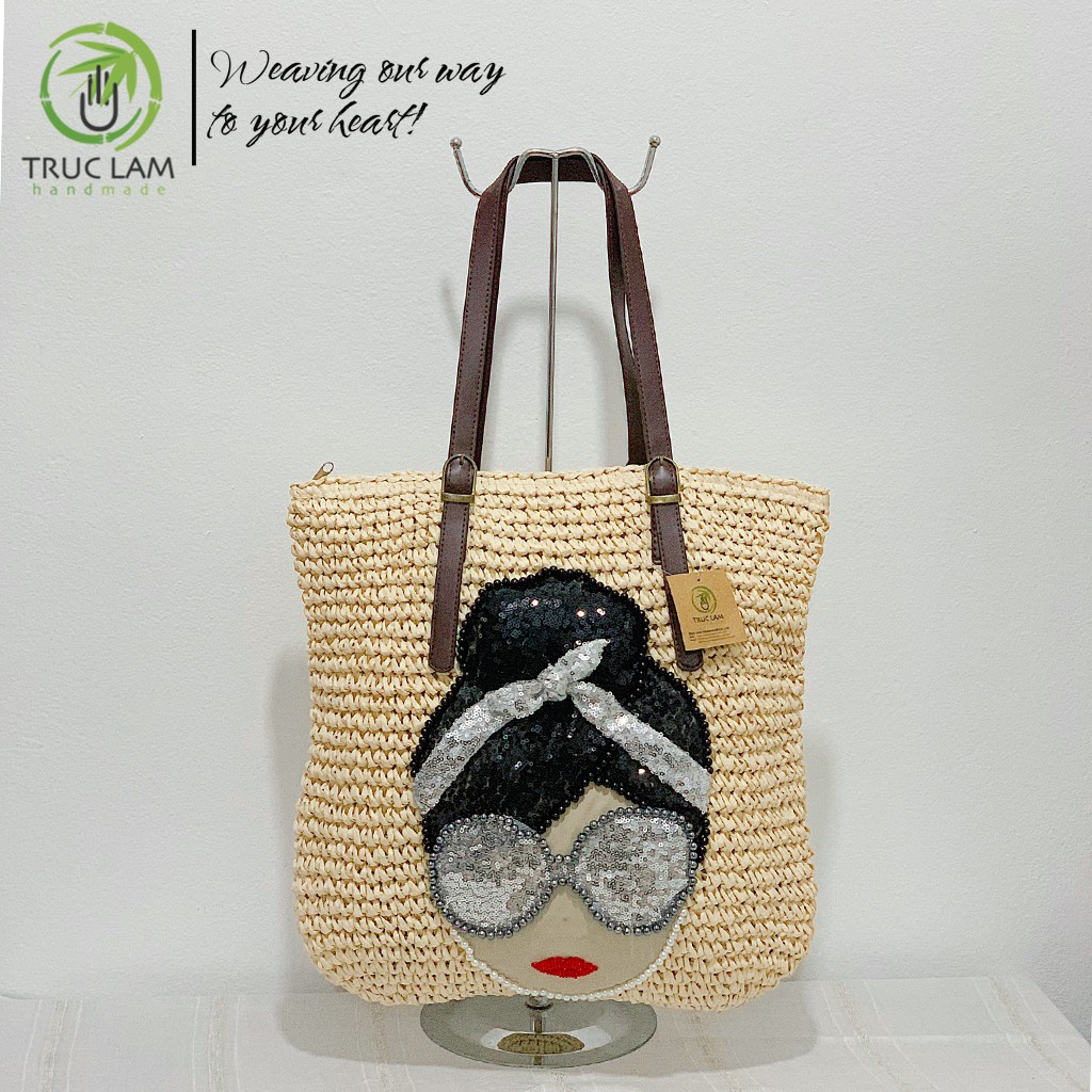 Túi Cói Tote Thời Trang Nữ Quai Da Thêu Cườm Hình Mặt Cô Gái - Trúc Lâm Handmade
