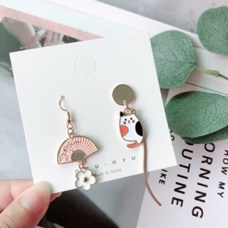 Bông tai Mèo cam múa quạt Bất đối xứng xinh xắn phong cách Nhật Bản | Khuyên tai nữ trang sức thời trang