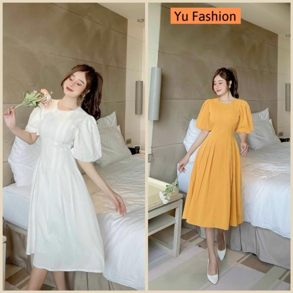 Váy đẹp dự tiệc dáng xòe dài đầm đẹp trắng vàng đi ăn tiệc cưới cổ tròn váy nữ Yu Fashion