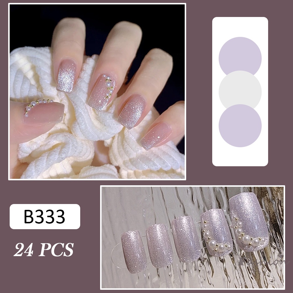 Bộ 24 Móng Tay Giả Đính Ngọc Trai Giả Màu Trắng Sáng Bóng Phong Cách Pháp Độc Đáo DIY