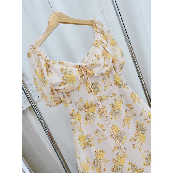 Đầm mixi hoa vàng bèo phồng