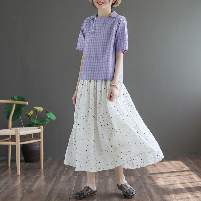 Áo Sơ Mi Nữ Tay Ngắn Dáng Rộng Họa Tiết Caro Chất Liệu Cotton Lanh Thời Trang Cho Nữ