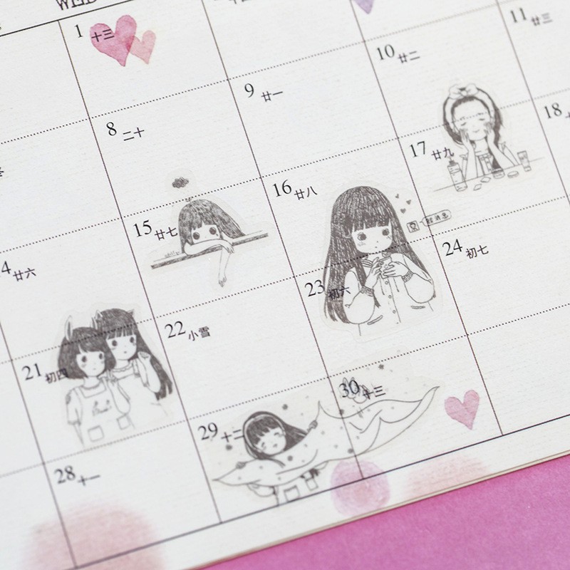 Set 6 tấm sticker Cô gái nhỏ trang trí sổ tay bullet journal M009