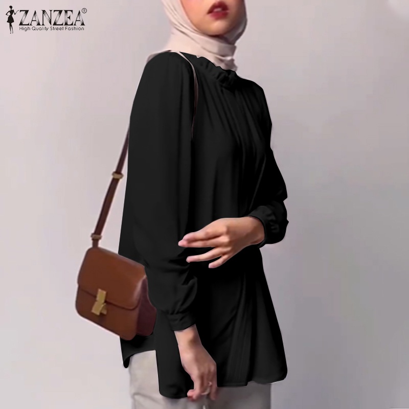 Áo kiểu ZANZEA dáng rộng tay phồng màu trơn phong cách Hồi giáo retro thời trang cho nữ
